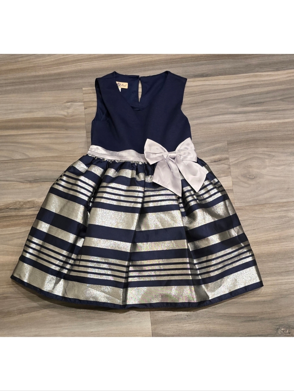 Purple Rose Girls Navy Silver Striped Party Dress Bow Accent Size 7